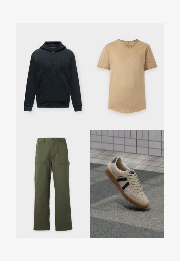 Sweat à capuche noir zippé avec poches avant et grand logo GAP texturé sur la poitrine, présenté sur un fond uni.; T-shirt beige homme à manches courtes et col en V, coupe slim et texture subtile, présenté à plat sur fond blanc.; Pantalon droit vert olive avec poches plaquées devant et sur les côtés, passants pour ceinture et fermeture par bouton à la taille.; Baskets beiges avec une finition texturée, bandes navy et semelle en caoutchouc. Équipées d'une languette rembourrée et d'un système de laçage traditionnel pour un maintien sécurisé.
