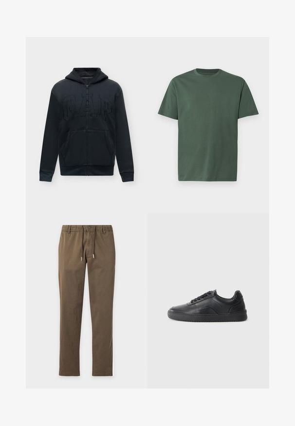 Sweat à capuche noir zippé avec poches avant et grand logo GAP texturé sur la poitrine, présenté sur un fond uni.; T-shirt uni à manches courtes et col rond, de couleur vert olive foncé, présenté à plat sur un fond gris clair.; Pantalon décontracté marron avec taille élastique, fermeture par bouton et cordon, coupe droite et texture de tissu uni.; Chaussure de sport en cuir noir avec une finition lisse, bout arrondi, panneau latéral texturé et lacets noirs. Présente une semelle en caoutchouc plate et un design minimaliste.