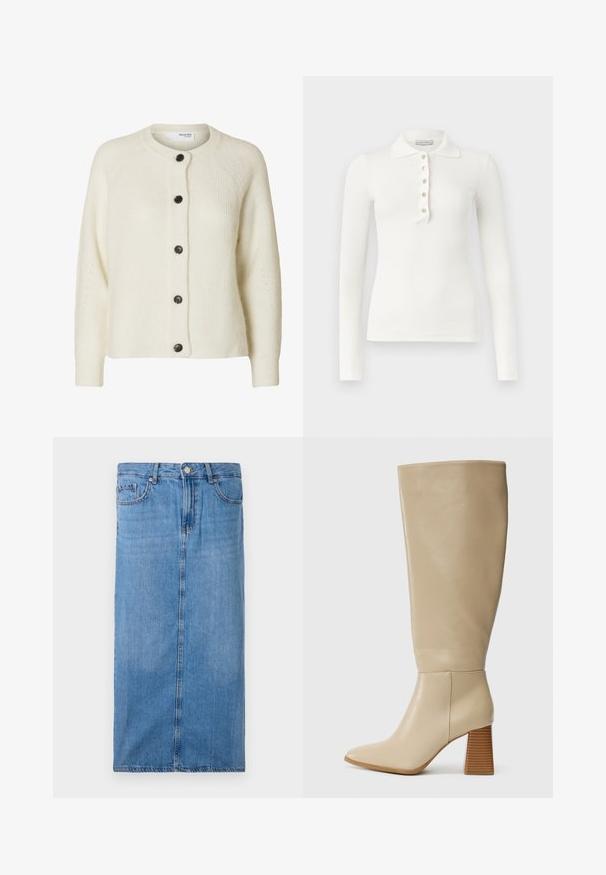 Kremfarvet strikket cardigan med lange ærmer, rund hals og fem mørke knapper foran.; Hvid langærmet, ribstrikket polo med fem knapper og en slå-krave på en ensfarvet baggrund.; Denim midi-nederdel i lyseblå, med en lige silhuet, front søm og standard talje med fem bæltesløjfer og metal knap lukning.; Beige læder støvle i knæhøjde med spids tå, tekstureret blokhæl og glat overflade. Sømdetalje ved anklen og den øverste kant.
