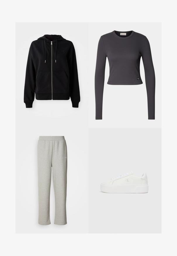 Schwarze Zip-Hoodie aus weichem Stoff. Verfügt über eine Fronttasche, eine verstellbare Kapuze mit Kordelzug und ein gesticktes Logo auf der Brust.; Langärmliges, kurzes Oberteil aus dunkelgrauem Rippstoff mit einem runden Ausschnitt und einem kleinen Logo-Patch am Saum. Glatter Stoff, enganliegendes Design.; Graue Sweatpants aus weichem Material mit einem elastischen Bund. Sie verfügen über ein kleines Logo auf der linken Seite und ein gerades Bein-Design.; Weiße Plattform-Sneaker mit einem glatten Leder-Obermaterial, abgerundetem Zehenbereich, weißen Schnürsenkeln und dezentem Logo-Detail an der Seite. Flache Gummisohle.