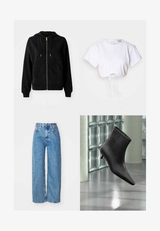 Zwarte zip-up hoodie gemaakt van zacht materiaal. Voorzien van een voorzak, een verstelbare capuchon met koord en een geborduurd logo op de borst.; Witte cropped t-shirt gemaakt van gladde stof. Heeft een ronde halslijn, korte mouwen en een trekkoord onderaan voor aanpassing.; Lichtblauwe denim wijde jeans met hoge taille, rafelrand en vijf zakken. De verslete textuur voegt diepte toe aan de stof.; Zwarte leren enkellaars met puntige neus en lage hak, afgebeeld tegen een glazen blokkenmuur en gepolijste vloer op de achtergrond.