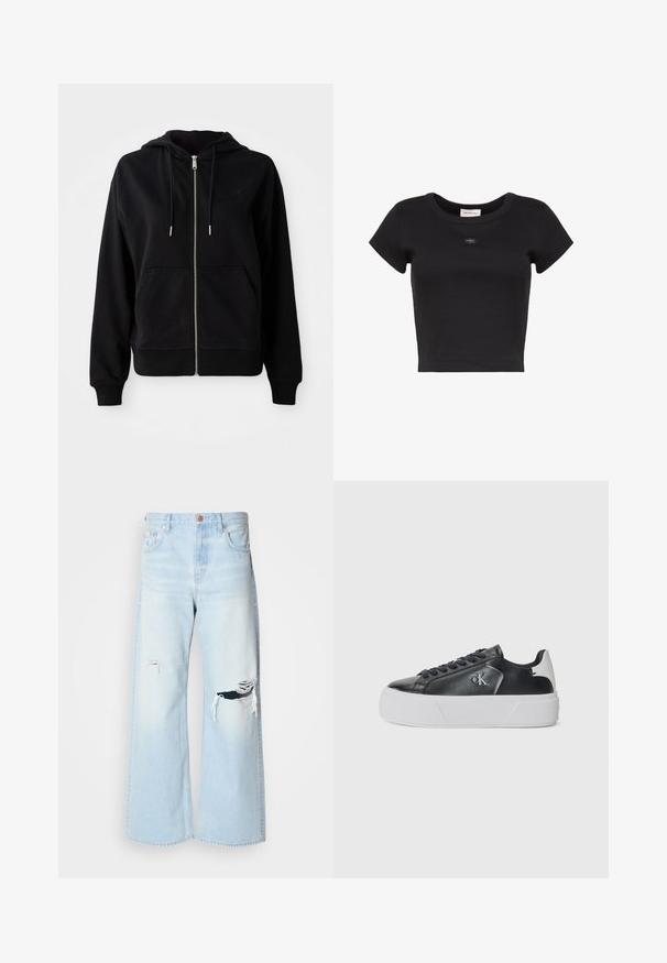 Schwarze Zip-Hoodie aus weichem Stoff. Verfügt über eine Fronttasche, eine verstellbare Kapuze mit Kordelzug und ein gesticktes Logo auf der Brust.; Schwarzes, kurz geschnittenes, kurzärmeliges, geripptes T-Shirt mit rundem Halsausschnitt und kleinem Calvin Klein Logo-Patch mittig auf der Brust.; Helle blaue, weit geschnittene Jeans aus Denim mit hoher Taille, großen Rissen an den Knien und einem klassischen Fünf-Taschen-Design mit kupferfarbenen Beschlägen.; Calvin Klein Jeans Sneaker low - black/bright white