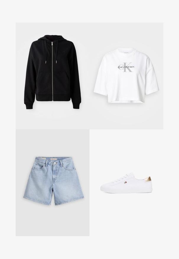 Zwarte zip-up hoodie gemaakt van zacht materiaal. Voorzien van een voorzak, een verstelbare capuchon met koord en een geborduurd logo op de borst.; Witte cropped t-shirt met oversized mouwen en een grote grijze "CK" en zwarte "Calvin Klein" logo centraal op de voorkant.; Lichtblauwe denimshorts. Hoge taille met vier zakken, een knoopsluiting aan de voorkant en ruwe zoomranden. De stof lijkt zacht met een verweerde afwerking.; Witte canvas sneakers met ronde neus, vetersluiting aan de voorkant en een gouden accent op de hak. Beschikt over een klein embleem aan de zijkant.