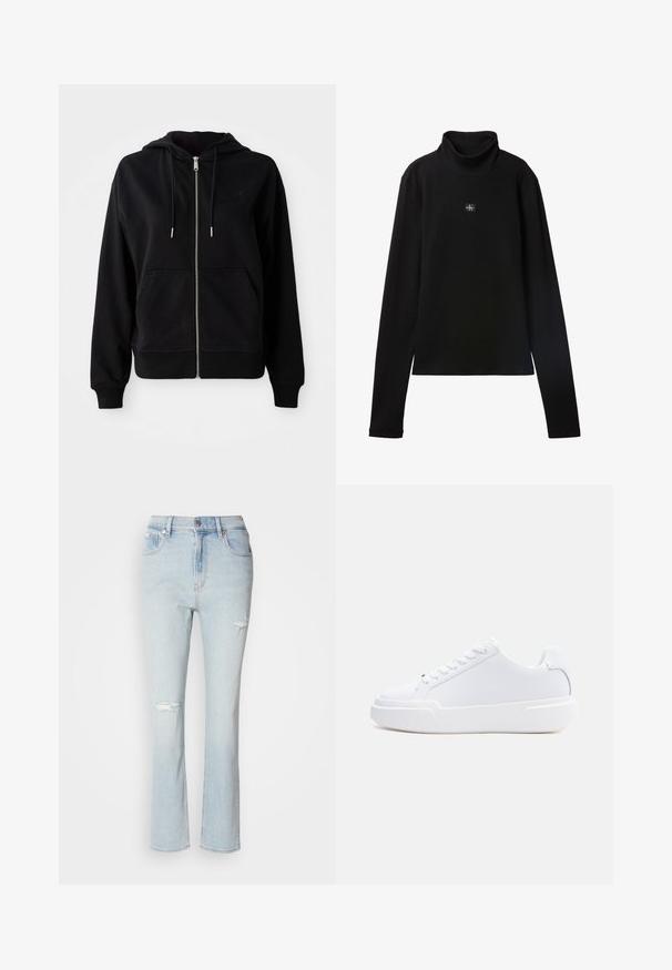 Schwarze Zip-Hoodie aus weichem Stoff. Verfügt über eine Fronttasche, eine verstellbare Kapuze mit Kordelzug und ein gesticktes Logo auf der Brust.; Schwarzes, geripptes Langarm-Top mit Rollkragen und kleinem quadratischem Calvin Klein Logo-Patch zentral auf der Brust.; Hellblaue, hoch taillierte Jeans mit geradem Bein. Der Used-Look umfasst zwei große Risse an der Vorderseite und einen ausgefransten Saum.; Weißer Sneaker mit niedrigem Schaft, Schnürverschluss, dicker Sohle und glattem Obermaterial, von der Außenseite vor einem einfarbigen hellen Hintergrund gezeigt.