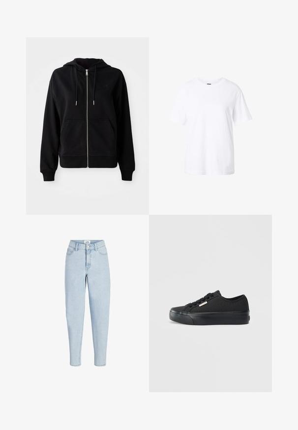 Zwarte zip-up hoodie gemaakt van zacht materiaal. Voorzien van een voorzak, een verstelbare capuchon met koord en een geborduurd logo op de borst.; Effen witte T-shirt met korte mouwen en een ronde hals, een losse pasvorm en een klein label aan de binnenkant van de kraag.; Lichtblauwe jeans met hoge taille, voorste knoop en ritssluiting, vijfzakkenmodel en taps toelopende pijpen.; Zwarte canvas lage sneakers met ronde neus, vetersluiting, textuur bovenkant en rubberen zool met een subtiele merklabel aan de zijkant.