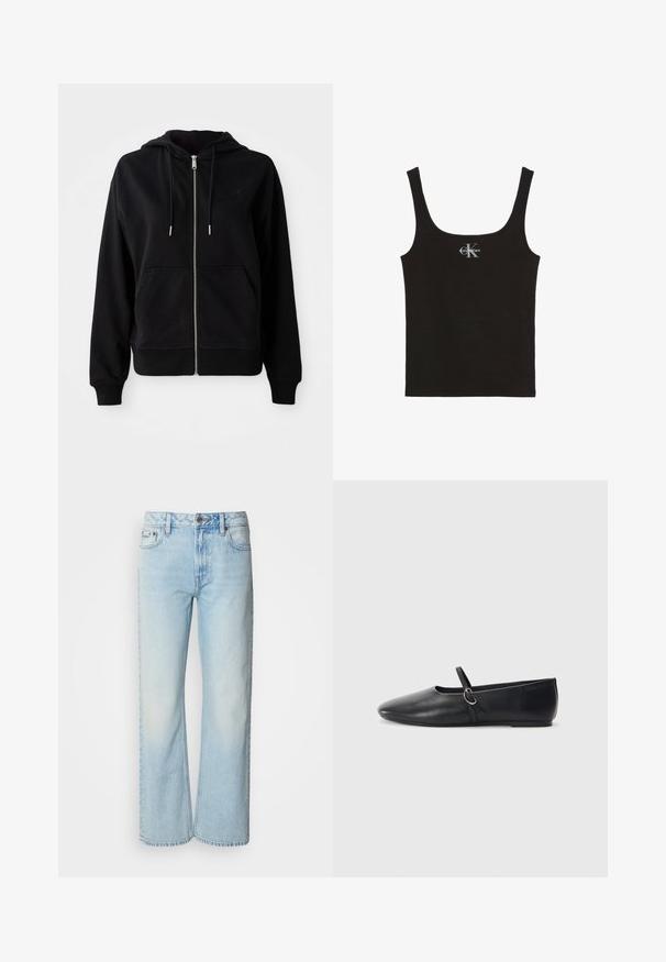 Zwarte zip-up hoodie gemaakt van zacht materiaal. Voorzien van een voorzak, een verstelbare capuchon met koord en een geborduurd logo op de borst.; Zwarte katoenen tanktop met een ronde hals en brede schouderbanden. Voorzien van een klein bedrukt "Calvin Klein"-logo aan de voorkant.; Lichtblauwe wijde jeans van denim, voorzien van een klassiek vijf-pocket ontwerp en een subtiele vervaagde textuur. Denimstiksels zijn zichtbaar.; Zwarte leren balletschoenen met een spitse neus, platte zool en een kleine strap met een zilveren gespsluiting.