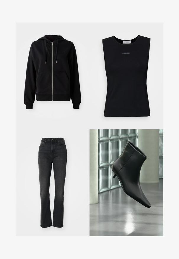 Zwarte zip-up hoodie gemaakt van zacht materiaal. Voorzien van een voorzak, een verstelbare capuchon met koord en een geborduurd logo op de borst.; Zwart mouwloos topje gemaakt van gladde stof. Heeft een ronde halslijn en een klein Calvin Klein-logo in het midden. Eenvoudig en aansluitend ontwerp.; Hoge zwarte denim jeans met rechte pijpen, vijf-pocket ontwerp, sluiting met een knoop aan de voorkant en minimale stikseldetails.; Zwarte leren enkellaars met spits toelopende neus en lage kittenhak, schuin weergegeven tegen een gepolijste vloer en een glazen blokken muur als achtergrond.