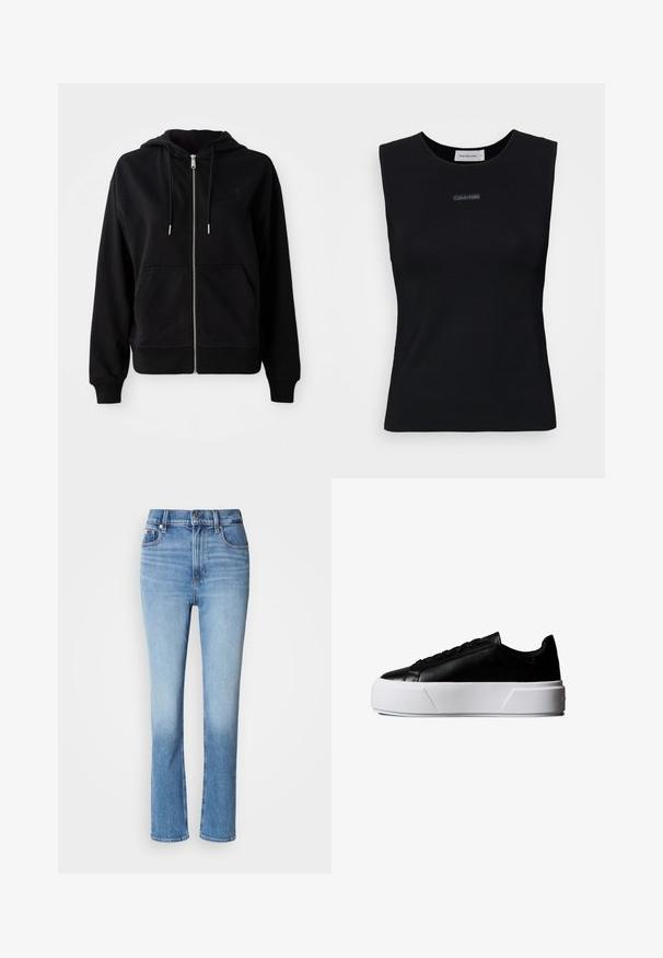 Sort zip-up hoodie lavet af blødt stof. Har en frontlomme, justerbar snoretræk i hætten og et broderet logo på brystet.; Sort ærmeløs top lavet af glat stof. Har en rund halsudskæring og et lille Calvin Klein-logo i midten. Simpelt og tætsiddende design.; Blå denimjeans med høj talje, lige ben-design, falmede farvegradient og fem-lomme stil. Metalknap- og lynlås-lukning.; Sort lavt snøresko med tyk hvid platformsål og sorte snørebånd, sideprofil mod hvid baggrund.