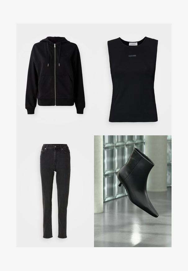 Schwarze Zip-Hoodie aus weichem Stoff. Verfügt über eine Fronttasche, eine verstellbare Kapuze mit Kordelzug und ein gesticktes Logo auf der Brust.; Schwarzes ärmelloses Top aus glattem Stoff. Merkmale einen runden Ausschnitt und ein kleines Calvin Klein Logo in der Mitte. Einfaches und figurnahes Design.; Schwarze, hoch taillierte Denim-Jeans mit schlanker Passform, ausgestattet mit Knopfverschluss, Gürtelschlaufen und kontrastierenden Nähten. Glatte Textur, keine sichtbaren Muster.; Schwarzer Leder-Stiefelette mit spitzer Zehenpartie und niedrigem Kitten-Heel, schräg dargestellt vor einem polierten Boden und einer Glasbausteinwand.