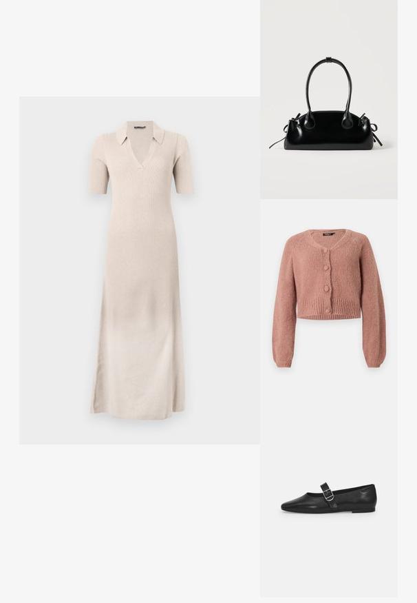 Støvet rose cropped strikket cardigan med lange ærmer og fire matchende dækkede knapper forneden.; Beige ribbet kjole med korte ærmer, V-hals og krave. Lang, tætsiddende silhuet med splidser i siden for at lette bevægelse. Blød tekstur.; Sorte læder flade sko med rund tå, et enkelt justerbart spænde og en glat, blank overflade. Minimalistisk design med en lav hæl.; Lille sort blank håndtaske med to lange håndtag og snøre-detaljer i siden på en ensfarvet lys baggrund.