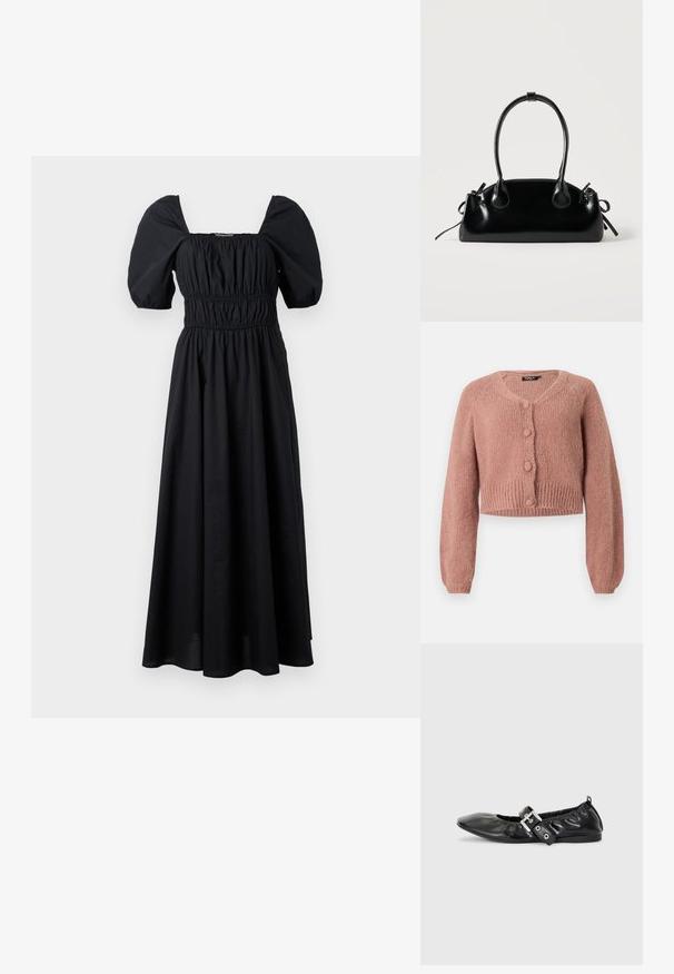 Cardigan en tricot court dans une teinte rose poussiéreux, à manches longues, avec quatre boutons recouverts assortis sur le devant.; Robe maxi noire avec un décolleté carré, des manches bouffantes et une taille élastique, réalisée en tissu léger à la texture lisse.; Chaussure plate en cuir noir avec un nez pointu, des détails froncés autour de l'ouverture et un accent en boucle argentée sur la bride ajustable.; Petit sac à main noir brillant avec deux longues anses et des détails à cordon sur les côtés sur un fond clair uni.