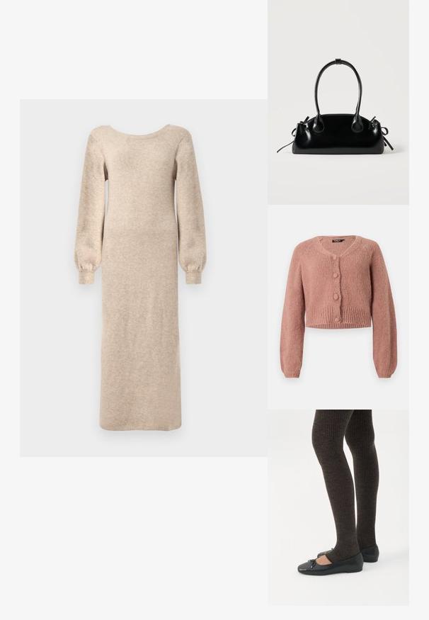 Cardigan en tricot court dans une teinte rose poussiéreux, à manches longues, avec quatre boutons recouverts assortis sur le devant.; Robe tricotée longue beige avec un décolleté rond, des manches bouffantes longues et une silhouette droite, avec des poignets côtelés aux extrémités des manches.; Jambes portant des leggings côtelés foncés associés à des ballerines noires avec de petits détails en nœud sur fond blanc.; Petit sac à main noir brillant avec deux longues anses et des détails à cordon sur les côtés sur un fond clair uni.