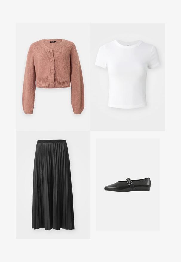 Støvet rose cropped strikket cardigan med lange ærmer og fire matchende dækkede knapper forneden.; Simpel hvid kortærmet cropped t-shirt med rund halsudskæring, præsenteret på en neutral lys baggrund.; Sort plisseret maxiskørt med en glat tekstur og elastisk talje, der har lodrette folder som skaber volumen og bevægelse.; Sorte læder flade sko med spidse tæer, prydet med en metallisk spænde over vristen og en lav, fleksibel sål.