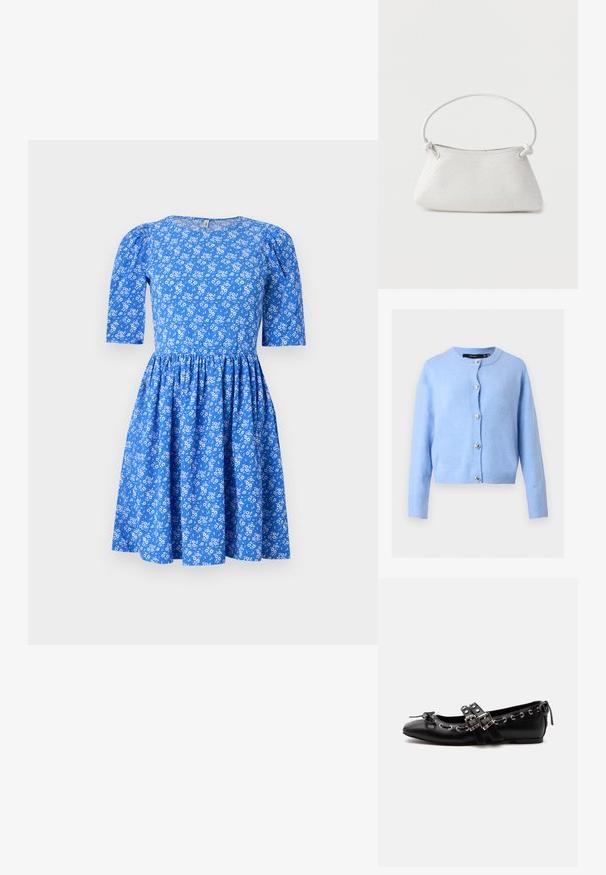 Cardigan en maille bleu clair avec manches longues et encolure ronde, orné de boutons argentés en forme de cœur sur le devant.; Robe bleue mi-longue avec motif floral blanc, manches courtes bouffantes, taille ajustée et encolure ronde.; Chaussure de ballet plate noire avec doubles brides à boucle, œillets argentés et petit nœud près de l’orteil arrondi sur fond blanc.; Sac à main en cuir tressé blanc avec poignée arrondie et extrémités de lanière nouées, présenté sur un fond uni.