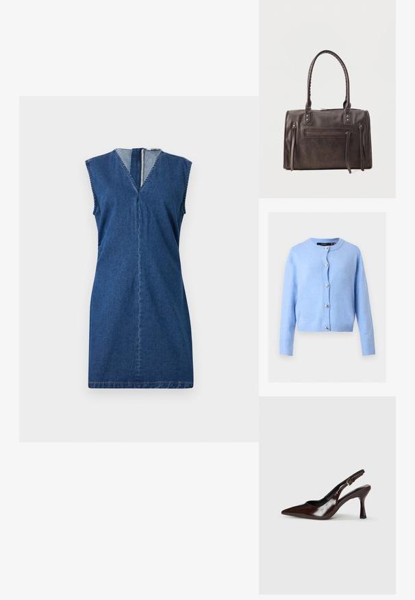 Cardigan en maille bleu clair avec manches longues et encolure ronde, orné de boutons argentés en forme de cœur sur le devant.; Robe denim sans manches avec col en V et couture visible au centre, dotée d'une fermeture éclair au dos, en tissu denim bleu foncé.; Talons slingback en cuir verni brun avec un bout pointu, un talon fin, et une sangle réglable avec une petite boucle.; Sac à main en cuir marron foncé avec double poignée, poche zippée avant et deux détails zippés verticaux sur les côtés, sur fond blanc.