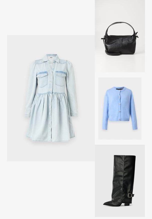 Cardigan en maille bleu clair avec manches longues et encolure ronde, orné de boutons argentés en forme de cœur sur le devant.; Robe en denim bleu clair à manches longues avec fermeture boutonnée sur le devant, deux poches à rabat sur la poitrine, taille froncée et col.; Bottes noires en cuir longueur cheville avec un bout pointu, texture lisse et une accent en boucle argentée sur le côté. Talon carré épais.; Sac à main en cuir noir au design structuré, avec une poignée arrondie et une bandoulière amovible. Présente une texture lisse et un éclat subtil.