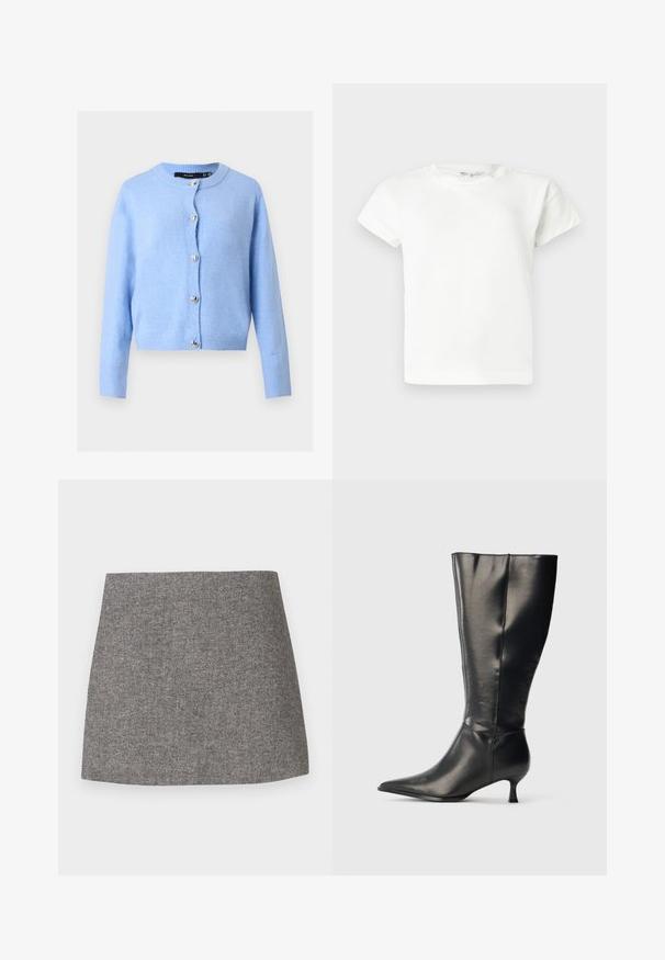 Cardigan en maille bleu clair avec manches longues et encolure ronde, orné de boutons argentés en forme de cœur sur le devant.; T-shirt blanc uni à manches courtes et col rond, avec un ourlet droit, présenté sur un fond gris clair.; Jupe à motif chevrons en tissu gris, présentant une silhouette ajustée avec une texture lisse et un ourlet droit et net.; Botte en cuir noire montant jusqu'au genou, avec un bout pointu et un petit talon bas, présentée sur un fond clair uni.