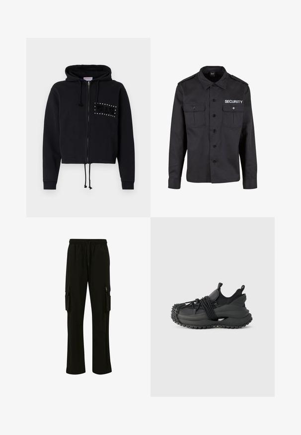 Sort cropped hoodie med lynlås, udstyret med en hætte med snore og frontlommer. Pyntet med "BLUE" i perler og blød tekstur på brystet.; Sort sikkerhedsjakke lavet af bomuldsblanding, med to frontlommer, knaplukning og "SECURITY" trykt i hvidt på brystet.; Sorte cargobukser lavet af et blødt stof, med elastisk talje, snoretræk og flere sidelommer til opbevaring.; Emporio Armani Sneakers - black