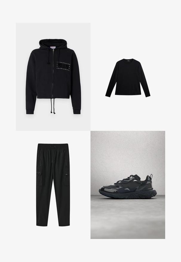 Sort cropped hoodie med lynlås, udstyret med en hætte med snore og frontlommer. Pyntet med "BLUE" i perler og blød tekstur på brystet.; Sort langærmet T-shirt lavet af glat stof, med rund hals og et diskret logo på fronten, i en afslappet pasform.; Sorte cargobukser med elastisk talje, snøre, to lynlåslommer i siden og to lynlåslommer med klap på lårene.; Sort løbesko med tekstureret overdel, glatte detaljer og en chunky sål med bølgemønster, designet for komfort og holdbarhed.