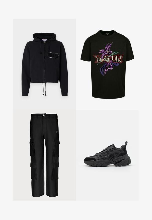 Μαύρο κοντό hoodie με φερμουάρ, που διαθέτει κουκούλα με κορδόνι και μπροστινές τσέπες. Διακοσμημένο με την επιγραφή "BLUE" από χάντρες και πλούσια υφή στο στήθος.; Μαύρο βαμβακερό t-shirt με γραφικό ενός μωβ χαρακτήρα που κρατάει ένα ραβδί, με το κείμενο "Yu-Gi-Oh!" σε κόκκινο και χρυσό κάτω από αυτό.; Μαύρο cargo παντελόνι με άνετη εφαρμογή, πολλές πλαϊνές τσέπες, κλείσιμο με κουμπί και λεία υφή υφάσματος.; Μαύρα αθλητικά παπούτσια με συνδυασμό λείων και υφασμένων υλικών, χοντρή σόλα, σχέδιο με κορδόνια και χαρακτηριστικές πλευρικές λεπτομέρειες.