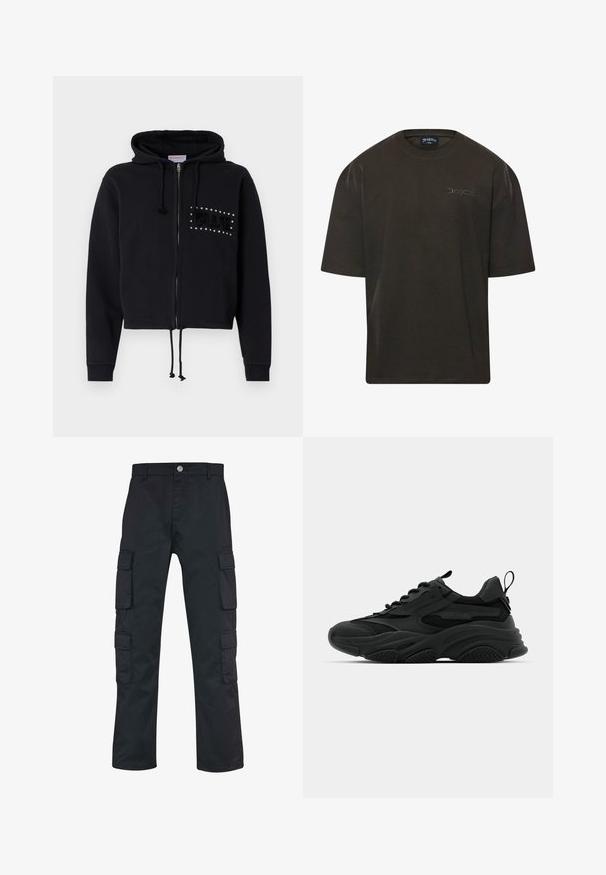Μαύρο κοντό hoodie με φερμουάρ, που διαθέτει κουκούλα με κορδόνι και μπροστινές τσέπες. Διακοσμημένο με την επιγραφή "BLUE" από χάντρες και πλούσια υφή στο στήθος.; Σκούρο καφέ φούτερ με κοντά μανίκια, στρογγυλή λαιμόκοψη και διακριτό κεντημένο λογότυπο στο στήθος σε αντίθετο χρώμα. Κατασκευασμένο από βαμβακερό ύφασμα.; Μαύρο cargo παντελόνι με ίσια σχεδίαση, κατασκευασμένο από ανθεκτικό ύφασμα. Διαθέτει πολλαπλές πλαϊνές τσέπες και κλείσιμο με κουμπί.; Μαύρα αθλητικά sneakers με χοντρή σόλα, διχτυωτές επιφάνειες και ελαστικές λεπτομέρειες. Διαθέτουν υποδοχή στην φτέρνα και υφές.