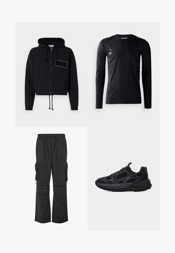 Sort cropped hoodie med lynlås, udstyret med en hætte med snore og frontlommer. Pyntet med "BLUE" i perler og blød tekstur på brystet.; Sort langærmet træningsskjorte lavet af glat, strækbart stof. Har glansfulde sorte detaljer på skuldrene og et Adidas-logo på brystet.; Sorte cargo bukser med vidde ben, elastisk linning, snøre og flere klaplommer på lårene og den nederste del af benene.; Sort atletiksneaker med mesh- og læderdetaljer, tyk sål, "ICEBERG" og "1974" branding samt trækkapper på tunge og hæl.