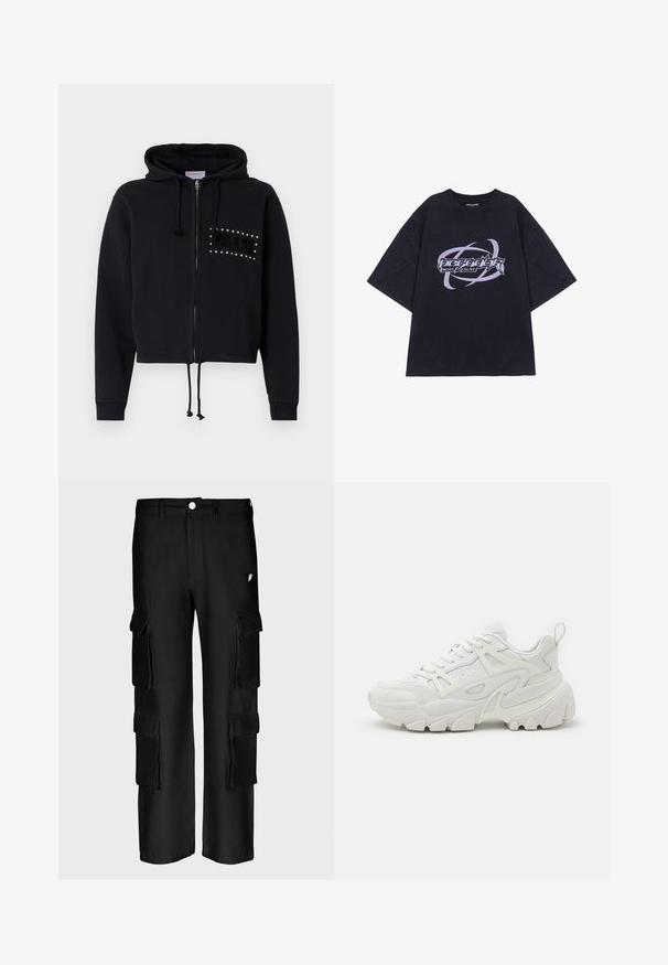 Sort cropped hoodie med lynlås, udstyret med en hætte med snore og frontlommer. Pyntet med "BLUE" i perler og blød tekstur på brystet.; Sort oversized T-shirt lavet af bomuld med et grafisk print, der viser teksten "Pegador Most Alive" samt svajende detaljer i lilla og sølv.; Sorte cargo-bukser med løs pasform, flere sidelommer, knaplukning og en glat stofstruktur.; Hvide atletiske sneakers med en struktureret overdel, netpaneler, fremtrædende gummisål og dekorative udsparinger på siden.