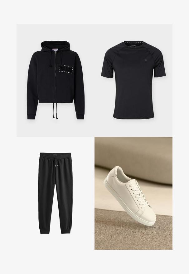 Sort cropped hoodie med lynlås, udstyret med en hætte med snore og frontlommer. Pyntet med "BLUE" i perler og blød tekstur på brystet.; Sort sport T-shirt med korte ærmer og rund halsudskæring med lille logo på venstre bryst, vist på ensartet lyst baggrund.; Sorte sweatpants lavet af blødt stof, med en elastisk talje med snøre, tætsiddende ben og ribbede manchetter ved anklerne.; Hvide lædersneakers med hvide snørebånd, præsenteret på en beige tekstureret overflade og med en blødt uskarp baggrund.