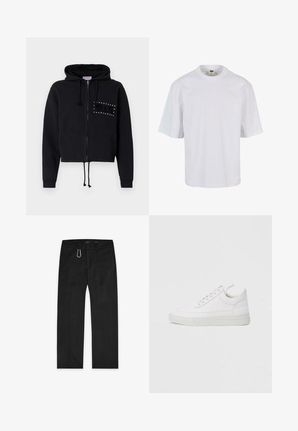 Sort cropped hoodie med lynlås, udstyret med en hætte med snore og frontlommer. Pyntet med "BLUE" i perler og blød tekstur på brystet.; Hvid, kortærmet t-shirt lavet af bomuld. Har rund halsudskæring og løs pasform med en glat tekstur og ingen synlige mønstre eller grafik.; Sorte bukser lavet af vævet stof, med lige ben design, to sidelommer, en frontlynlås og en udvendig løkke detalje.; Hvid lædersneaker med rundet tå, flad sål og snørebånd foran. Har syningsdetaljer og polstret krave for komfort.