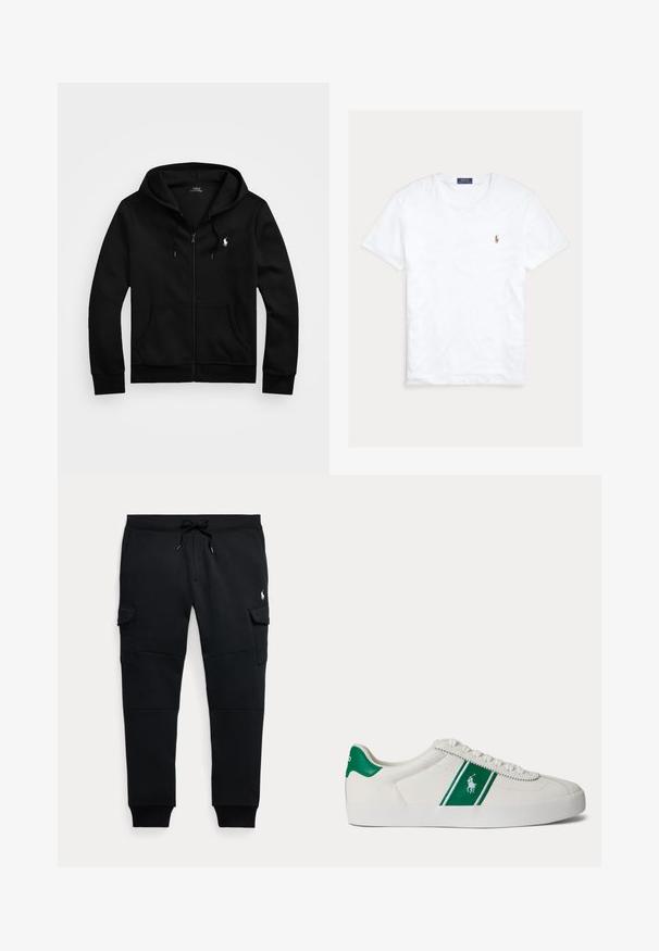 Sweat à capuche zippé noir avec poches sur le devant, capuche avec cordon et logo blanc Polo Ralph Lauren sur la poitrine gauche.; T-shirt blanc à col rond et manches courtes avec petit logo Polo Ralph Lauren brodé sur la poitrine gauche et étiquette de marque bleue à l’intérieur du col.; Pantalon jogger cargo noir avec taille à cordon, poches latérales à rabat, poignets côtelés et petit logo blanc joueur de polo sur la cuisse droite.; Baskets basses blanches avec une bande verte et le logo Polo sur le côté, languette de talon verte et lacets blancs, vues de côté gauche sur fond uni.