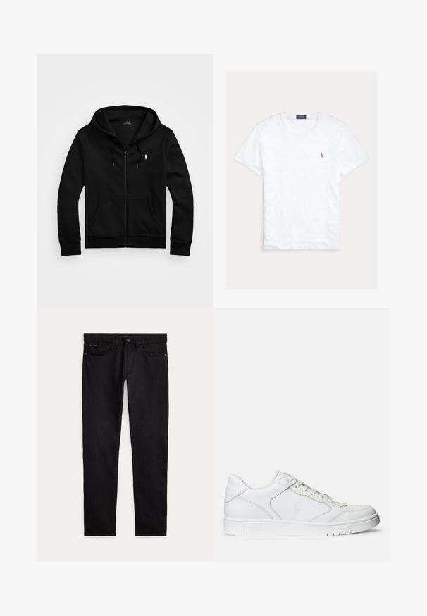 Sort lynlåstrøje med frontlommer, snørejusteret hætte og hvid Polo Ralph Lauren-logo på venstre bryst.; Hvid T-shirt med rund hals og korte ærmer med lille broderet Polo Ralph Lauren-logo på venstre bryst og blå mærkeetiket indvendigt i kraven.; Sorte slim-fit jeans med for- og baglommer, bæltestropper samt knap- og lynlåslukning lagt fladt på en hvid baggrund.; Hvide lædersneakers med en glat tekstur, der har en perforeret tå, snørebåndslukning og broderet logo på siden. Hvid gummisål.
