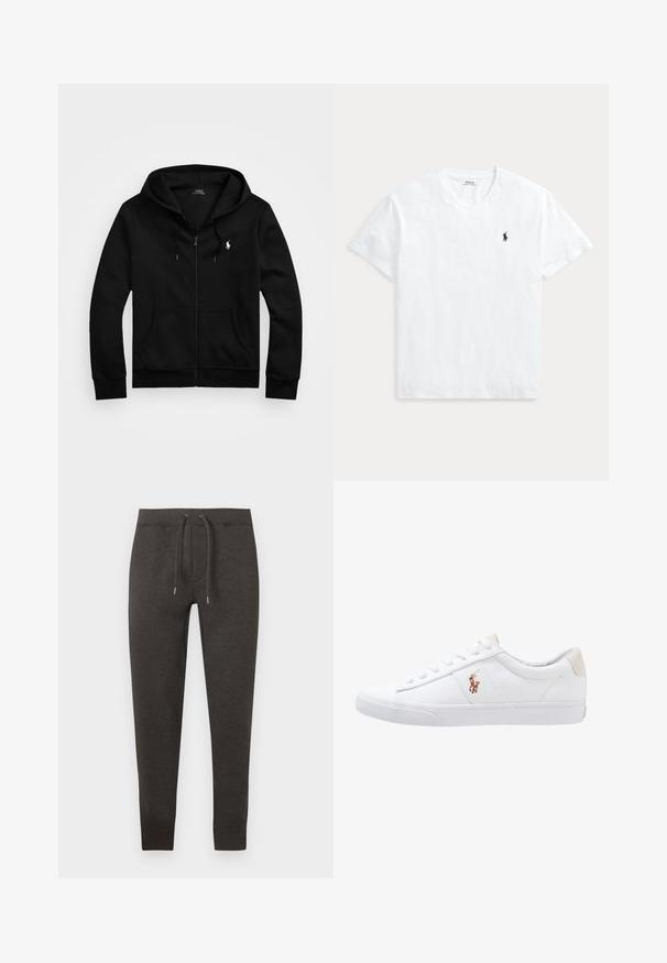 Sort lynlåstrøje med frontlommer, snørejusteret hætte og hvid Polo Ralph Lauren-logo på venstre bryst.; Hvid T-shirt med V-hals og korte ærmer med lille navyblåt Polo Ralph Lauren hestelogo på venstre bryst.; Mørkegrå joggingbukser lavet af blødt materiale, med elastisk talje med snor, tilspidsede ben og manchetter ved anklerne.; Hvide kanvas sneakers med lågtop design, prydet med en beige hælkappe og et lille broderet logo på siden. Gummisål.