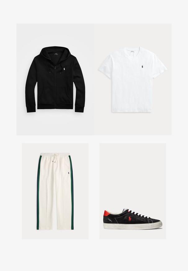 Sort lynlåstrøje med frontlommer, snørejusteret hætte og hvid Polo Ralph Lauren-logo på venstre bryst.; Hvid T-shirt med V-hals og korte ærmer med lille navyblåt Polo Ralph Lauren hestelogo på venstre bryst.; Hvide sweatpants med snøre i taljen, med marineblå og grønne sidelommer og et lille marineblåt polo-spiller-logo på højre lår.; Sorte ruskind sneakers med hvide snørebånd, røde accenter på hælen og et lille rødt logo. Har en flad gummisål og enkel syning.