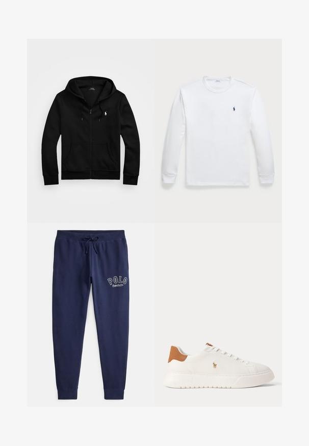 Must kapuutsiga lukuga dressipluus ees taskute, kapuutsi nööriga ja valge Polo Ralph Laureni logoga vasakul rinnal.; Pikend varrukatega valge T-särk, mis on valmistatud puuvillast. T-särgil on ümmargune kaelus ja vasakul rinna poolel väike meri logo. Sile tekstuur, lihtne disain.; Tumesinised puuvillased spordipüksid elastse vöökohaga ja reguleeritava tõmbenööriga. Vasakul reiel on valge tikandiga "POLO" logo.; Valged madala säärega tossud, pruun kannaosa, valged paelad ja väike tikandiga polo mängija logo külje peal paksu taldmiku kohal.
