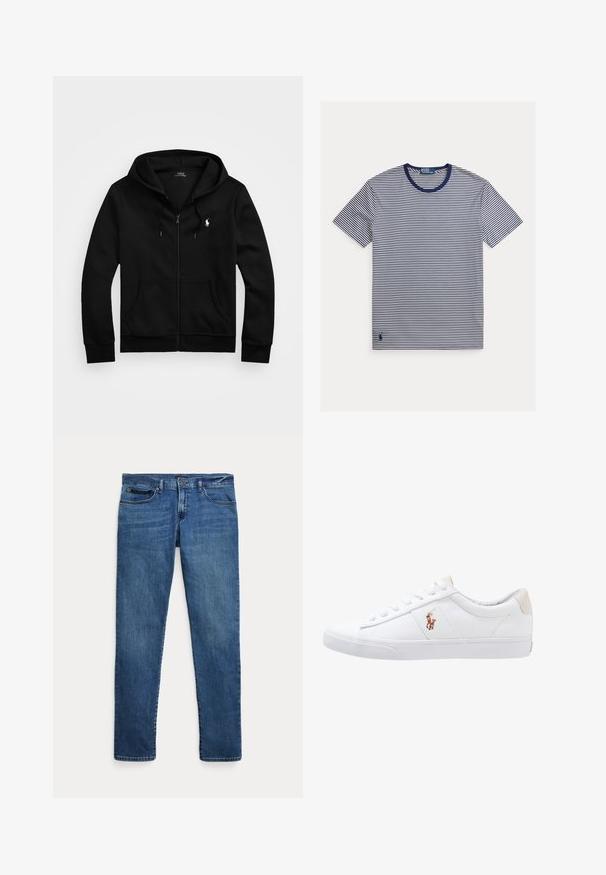 Must kapuutsiga lukuga dressipluus ees taskute, kapuutsi nööriga ja valge Polo Ralph Laureni logoga vasakul rinnal.; Meresinise ja valge triibuline T-särk, ümmarguse kaelusega, lühikeste varrukatega, puuvillane kangas, alumises vasakus nurgas väike logo.; Sinised teksapüksid kitsas lõikes, esitaskutega, vööaugudega ja nööpidega sulgemiseks, valgel taustal.; Valge kanvasest tennis, madala lõikega disain, millel on beež kontsapink ja väike tikitud logo küljel. Kummi välissole.