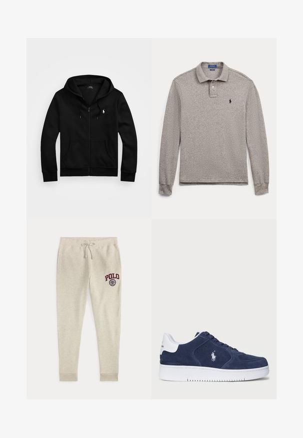 Sort lynlåstrøje med frontlommer, snørejusteret hætte og hvid Polo Ralph Lauren-logo på venstre bryst.; Langærmet grå polo med krave, to knapper og lille sort broderet logo på venstre bryst.; Beige joggingbukser med snøre og sidelommer samt rød "POLO" logo og emblem på øverste venstre lår.; Marineblå ruskindsneaker med hvide accenter og tekstureret overflade. Har en hvid logo på siden, snørelukning og gummisål.