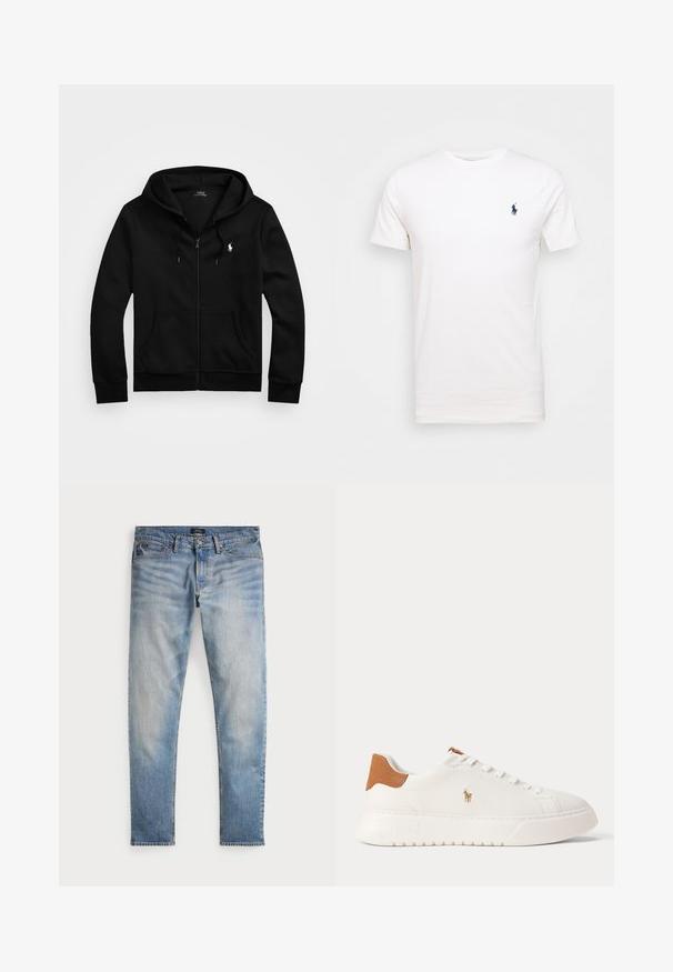 Sort lynlåstrøje med frontlommer, snørejusteret hætte og hvid Polo Ralph Lauren-logo på venstre bryst.; Hvid bomulds t-shirt med rund hals. Har et lille mørkeblå logo på venstre bryst. Korte ærmer, glat tekstur.; Lys blå denimjeans med en falmet finish, fem-lomme design og kontraststing. Har lynlås og bæltesløjfer. Lige pasform.; Hvid lavtop sneaker med tan hælfane, hvide snørebånd og lille broderet polo-spiller logo på siden over en tyk sål.