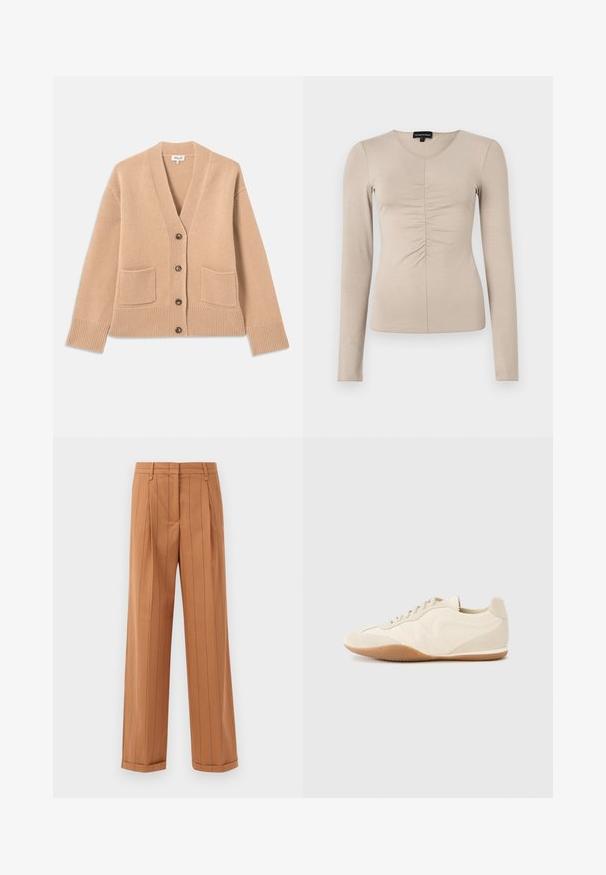 Cardigan beige en tissu tricoté doux, avec un col en V, cinq boutons, deux poches avant et des poignets et un ourlet côtelés.; Haut à manches longues et col en V en tissu beige clair. Détails froncés au centre avant. Texture douce et lisse.; Pantalons bruns à rayures fines avec une conception sur mesure, featuring des plis, une coupe droite et un ourlet retroussé. Fabriqués dans un tissu lisse.; Baskets beige clair avec une tige en cuir texturé, des panneaux latéraux texturés et une semelle en caoutchouc. Dotées d'un design fin et épuré ainsi que de lacets plats.