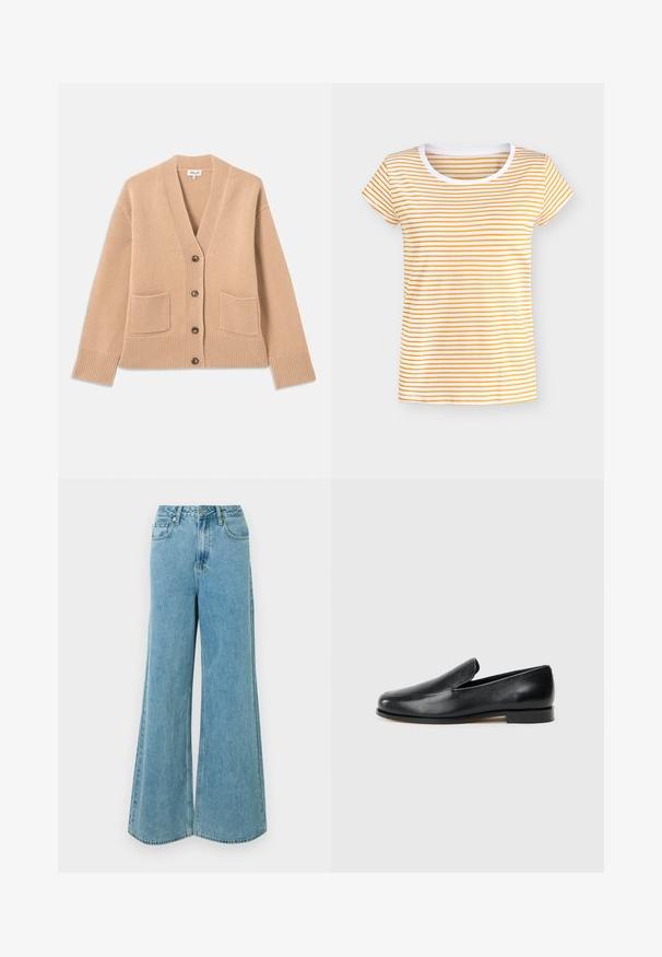 Cardigan beige en tissu tricoté doux, avec un col en V, cinq boutons, deux poches avant et des poignets et un ourlet côtelés.; T-shirt femme manches courtes avec des rayures horizontales blanches et orange et un col rond blanc.; Jean large bleu clair à taille haute, en denim, avec poches avant et fermeture éclair. Texture lisse, détails minimaux.; Mocassins en cuir noir avec une texture lisse, bout rond, coutures minimales et talon plat. Simple, sans quincaillerie ou accents visibles.