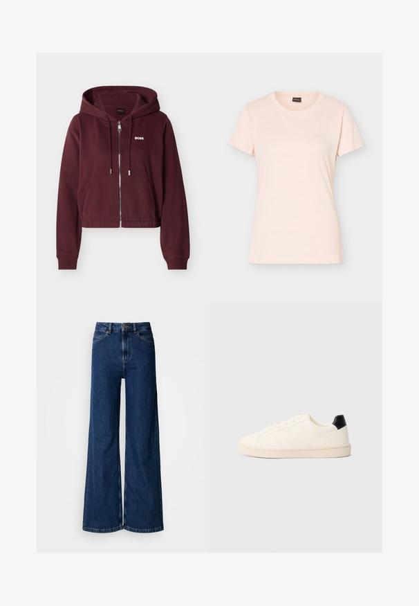 Sweat à capuche zippé couleur bordeaux avec cordons, poches avant, poignets côtelés, et logo blanc "BOSS" sur le côté gauche de la poitrine.; T-shirt rose clair à manches courtes avec col rond, petit logo BOSS embossé sur la poitrine gauche et étiquette noire à l'intérieur du col.; Jean large à lavage foncé en denim, doté d'une taille haute, d'un design classique à cinq poches et de détails de couture subtils le long des coutures.; Baskets discrètes de couleur blanc cassé avec lacets sur le devant, marquage en relief subtil sur le côté et languette noire au talon, sur un fond uni.
