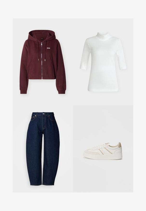 Sweat à capuche zippé couleur bordeaux avec cordons, poches avant, poignets côtelés, et logo blanc "BOSS" sur le côté gauche de la poitrine.; Haut blanc côtelé à manches mi-longues avec col roulé et coupe ajustée, présenté sur un fond gris neutre.; Jean en denim bleu foncé avec une coupe décontractée, jambes droites, design à cinq poches et surpiqûres jaunes contrastantes. Fermeture à bouton métallique à la taille.; Baskets blanches avec des accents en suède beige, trois rayures diagonales, bout rond, semelle plate et surface texturée. Marque sur le côté et le talon.