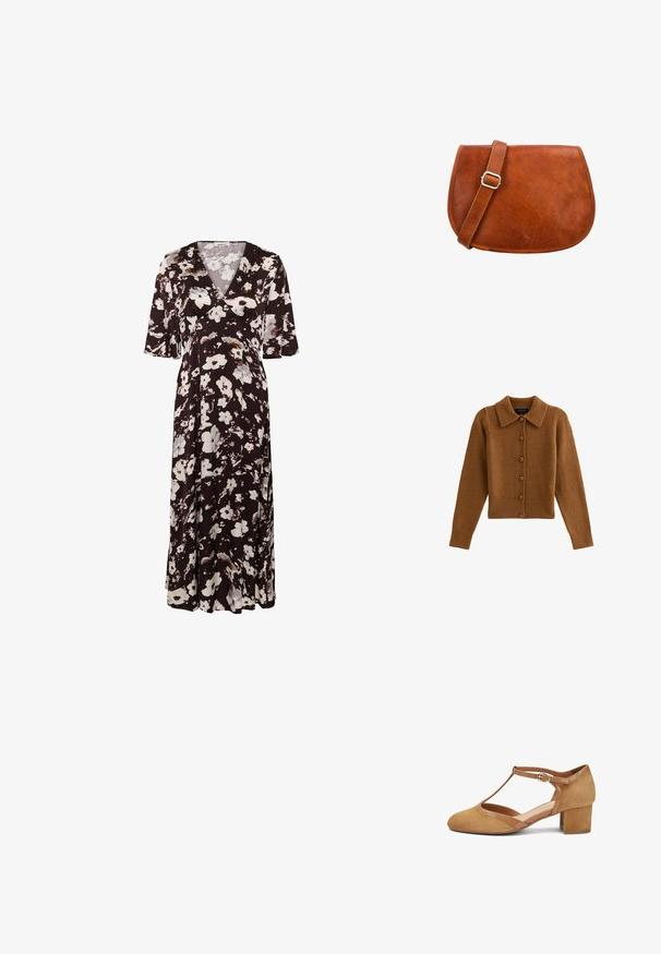 Cárdigan marrón de punto con cuello de solapa, cierre de botones, puños y dobladillo acanalados, hecho de un material suave similar a la lana.; Vestido midi negro con estampado floral en blanco y beige, mangas cortas y escote en V, mostrado sobre un fondo liso.; Zapato de ante color canela con tacón bajo y bloque, tira en T y hebilla dorada, punta cerrada y redondeada, y ribete de cuero, mostrado de perfil sobre fondo blanco.; Bolso cruzado de cuero marrón con correa ajustable y hebilla plateada, textura lisa, fondo curvado y costuras visibles a lo largo de los bordes.