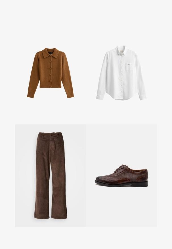 Cardigan en tricot marron avec un col, fermeture à boutons, poignets et ourlet côtelés, fabriqué à partir d'un matériau doux semblable à de la laine.; Chemise blanche à manches longues boutonnée avec col et poche poitrine avec un petit logo brodé sur fond uni.; Pantalons en velours côtelé marron avec une coupe ample, présentant des côtes verticales et une ceinture. Le tissu a une apparence douce et texturée.; Chaussure habillée homme à bout golf en cuir marron avec détails brogue et panneaux latéraux en tissu à carreaux, vue de côté sur fond blanc.
