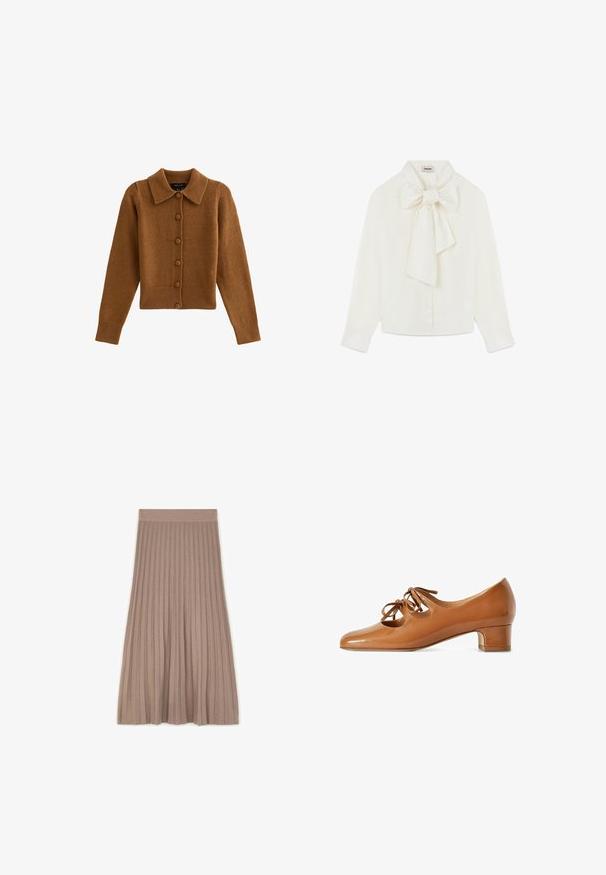 Cardigan en tricot marron avec un col, fermeture à boutons, poignets et ourlet côtelés, fabriqué à partir d'un matériau doux semblable à de la laine.; Rodier TIE NECK - Chemisier - blanc; Jupe plissée mi-longue de couleur taupe avec une taille élastique, présentée à plat sur un fond blanc.; Chaussure à talon bas en cuir marron avec deux découpes nouées en forme de nœud sur le dessus, bout rond, et talon bloc, présentée de profil sur fond blanc.