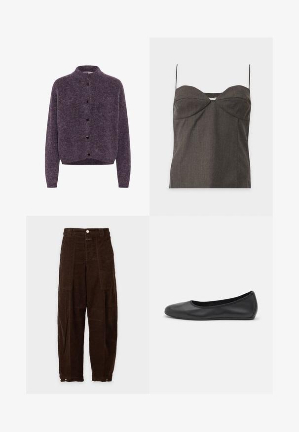 Gestuz ALPHA SHORT - Gilet - juniper mélange; Haut bustier gris foncé sans bretelles avec fines bretelles spaghetti et détails subtils de coutures sur fond blanc.; Pantalon large en velours côtelé marron foncé, taille haute, poches plaquées à l'avant, fermeture par bouton et poignets réglables à pressions aux chevilles.; Ballerines en cuir noir avec un bout rond, texture lisse, détails de couture minimalistes et design de semelle flexible.