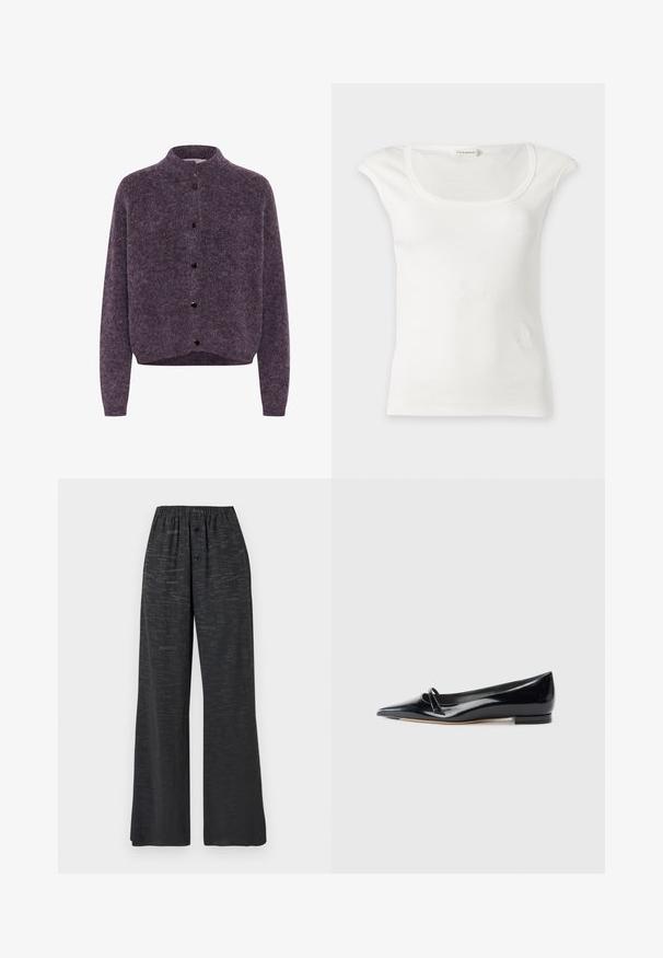 Gestuz ALPHA SHORT - Gilet - juniper mélange; Haut blanc sans manches côtelé avec un col rond et de petites épaulettes, présenté sur un fond clair uni.; Pantalon noir à jambes larges avec ceinture élastique, deux boutons à l'avant et un motif discret en texte imprimé sur l'ensemble.; Chaussure plate en cuir verni noir avec un bout pointu, une petite lanière décorative et un petit talon carré. Texture lisse et design épuré.