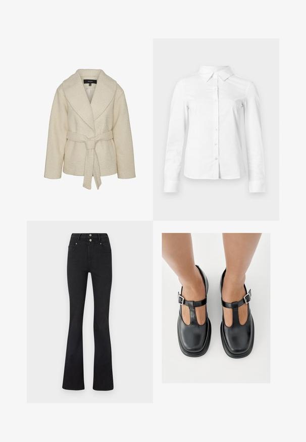 Crème-kleurige fleece jas met een schouderkraag, een ceintuur in de taille en een textuurstof. Frontsluiting niet zichtbaar; twee zakken.; Witte blouse met lange mouwen en knopen, met puntige kraag, rechte zoom en aansluitende silhouet, weergegeven op een effen lichte achtergrond.; Zwarte high-waist jeans met wijde pijpen, voorzakken, riemlussen en twee zilveren knopen bij de taille.; Zwarte leren schoenen met een T-bandontwerp, gesloten teensluiting en zilverkleurige gespdetails. Glad oppervlak met een ronde neus en platte zool.