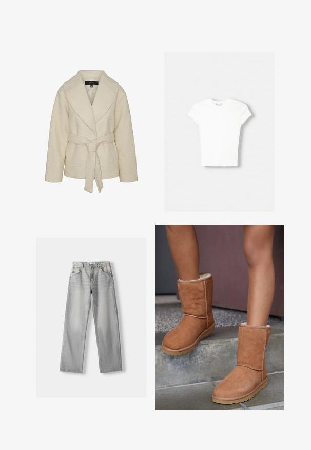 Crème-kleurige fleece jas met een schouderkraag, een ceintuur in de taille en een textuurstof. Frontsluiting niet zichtbaar; twee zakken.; Witte t-shirt met korte mouwen van zachte katoen, met een ronde halslijn en een getailleerde vorm. Geen zichtbare patronen of versieringen.; Lichtgrijze denim jeans met een rechte pasvorm, voorzien van twee voorkruizen, een knoopsluiting en subtiele vervaging voor textuur.; Bruine suède enkellaarsjes met een ronde neus, zachte voering en een rubberen zool, met zichtbaar stiksel langs de naden.