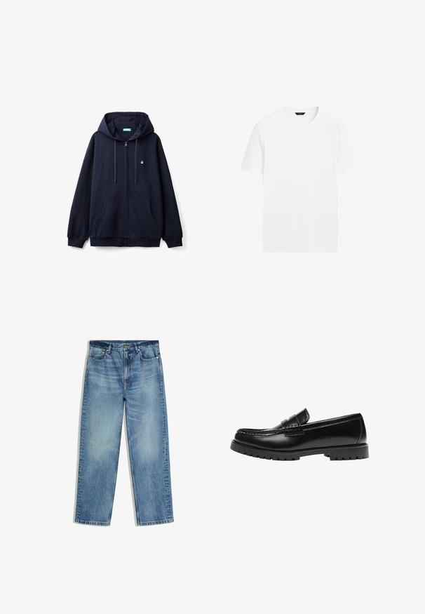 Marineblaues Zip-Hoodie aus weichem Material, mit einem Frontreißverschluss, zwei Seiten Taschen und einer Kapuze mit Zugband sowie einem kleinen Logo auf der Brust.; Weißes Baumwoll-T-Shirt mit rundem Hals, kurzen Ärmeln und geradem Schnitt. Es hat eine glatte, leichte Textur und keine sichtbaren Muster.; Hellblaue Jeans mit geradem Bein, Vordertaschen, Gürtelschlaufen, Knopfverschluss und ausgewaschenen Bereichen an Oberschenkeln und Knien.; Schwarzer Leder-Slipper mit dicker Gummisohle und klassischem Penny-Detail an der Riemen, von der Außenseite gezeigt.