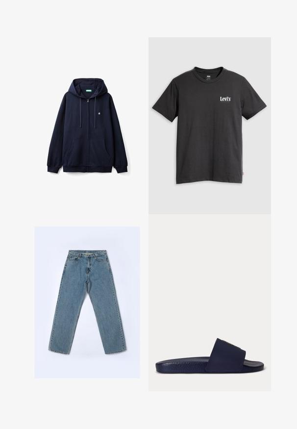Sudadera con cremallera color azul marino, hecha de una tela suave, con cremallera frontal, dos bolsillos laterales y una capucha con cordón que presenta un pequeño logo en el pecho.; Camiseta negra de algodón con mangas cortas, cuello redondo y logo blanco de "Levi's" impreso en el pecho izquierdo. Textura suave, corte relajado.; Vaqueros de mezclilla azul de tiro alto y corte recto, con bolsillos delanteros y trabillas para el cinturón, colocados planos sobre un fondo claro.; Sandalia de una sola pieza en azul marino con plantilla texturizada y una tira ancha en la parte superior, mostrada de lado sobre fondo blanco.